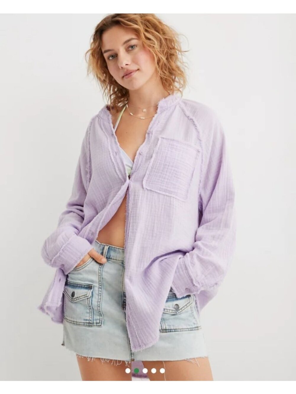 Aerie Gauzy Coverup Shirt Lavender Button Up Tunic Frayed Distressed Sz Large